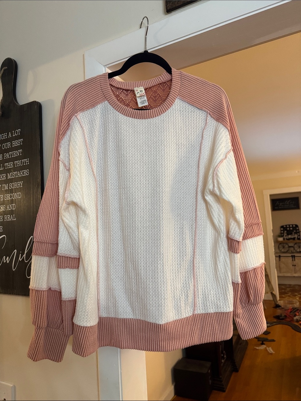 7th Ray Cream and Dusty Pink Waffle Knit Crewneck Sweater